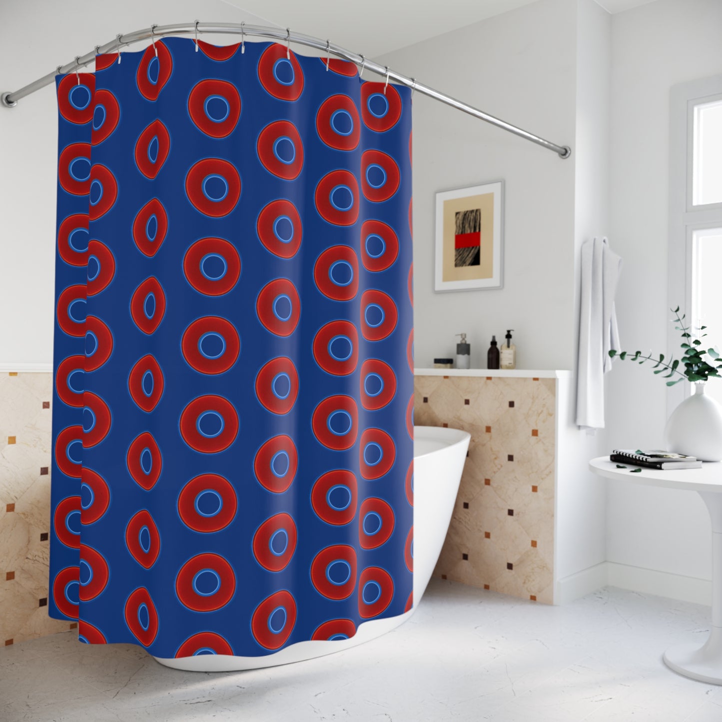The Curtain With "Donuts" - Lumpy Bath Time Fun - vivid red donuts w/dark blue background