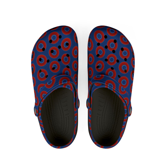 Spatchcocks - donut slip-on shoes - vivid red donuts w/navy background [unisex]