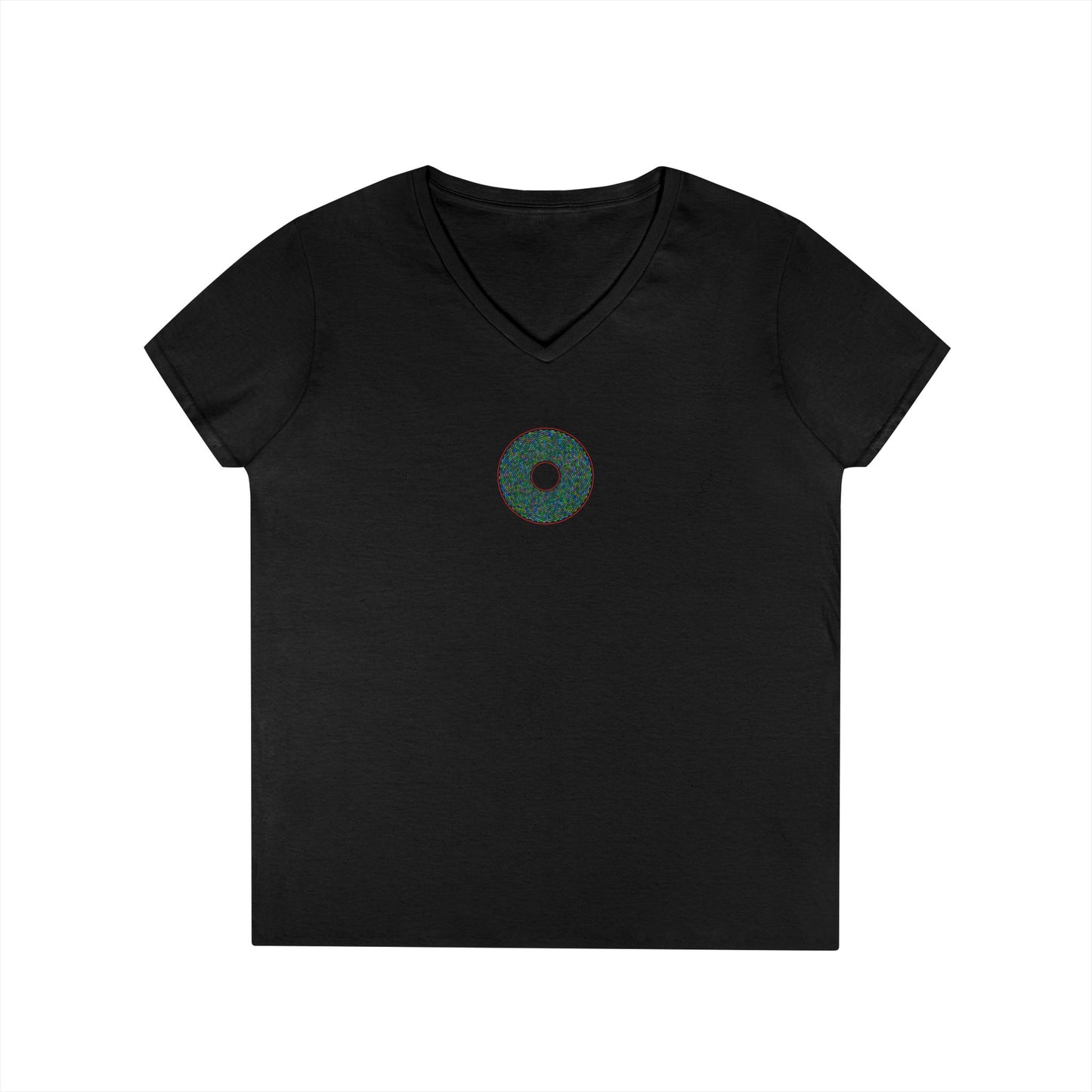 Women's Donut V-Neck Tee - "The Pixilated Donut" - multicolor pixel donut w/wide red outline