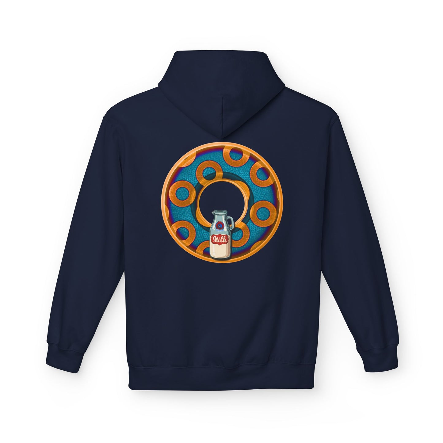 Fleece Harry Hoodies [Midweight Soft-style] - "Wooked Cream Dairy - YEMSG Donut" - blue/orange rustic paradox donut - variant 4