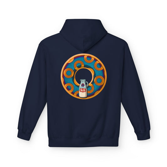 Fleece Harry Hoodies [Midweight Soft-style] - "Wooked Cream Dairy - YEMSG Donut" - blue/orange rustic paradox donut - variant 4