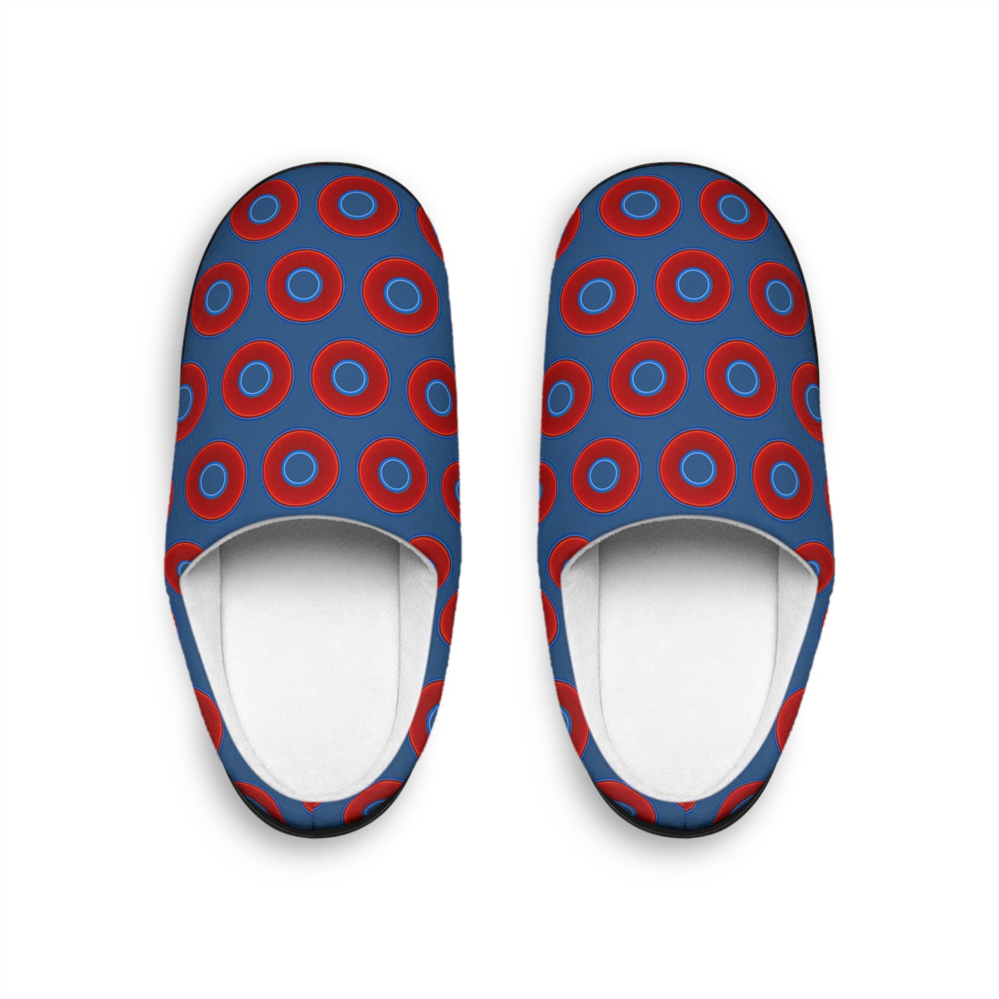 Men's Lumpy Slippers - red vivid donut print w/light navy blue background