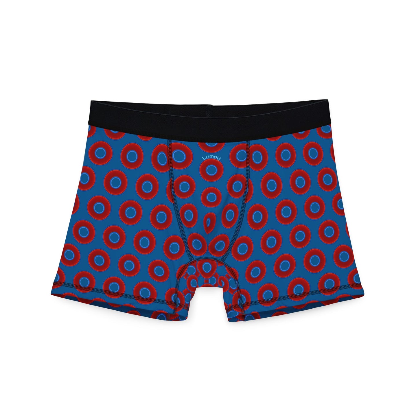 Men's Donut Boxers - red vivid donuts w/wavy navy blue background