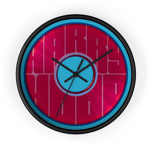 Lumpy Wall Clock - "Harry's Unofficial Donut Clock" - variant 1 - vivid magenta/purple word donut w/turquoise background