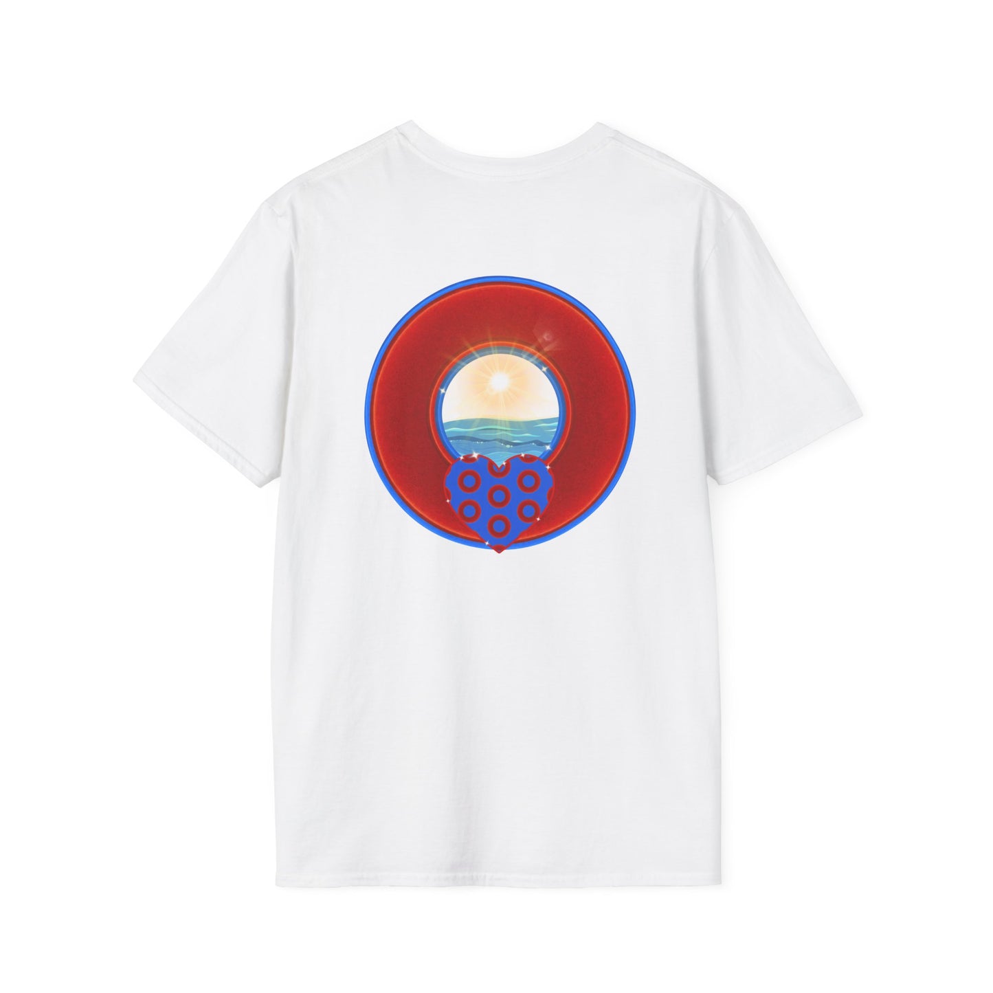 Classic Donut Tee - Unisex Soft-Style - "Ocean Donuts of Love" - vivid red donut - w/sun - variant 2