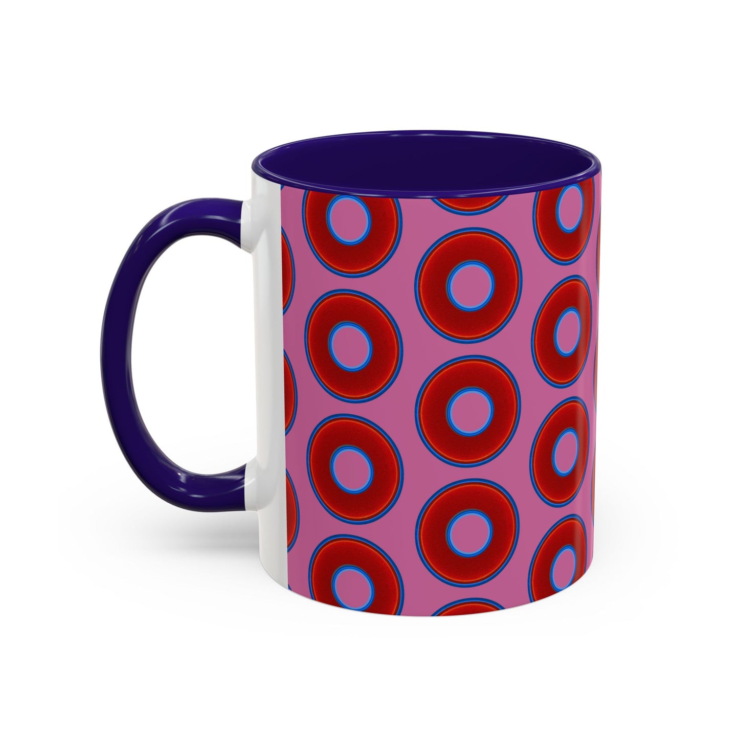 Lump's Grumpy Coffee Mug - vivid red donuts w/pink background
