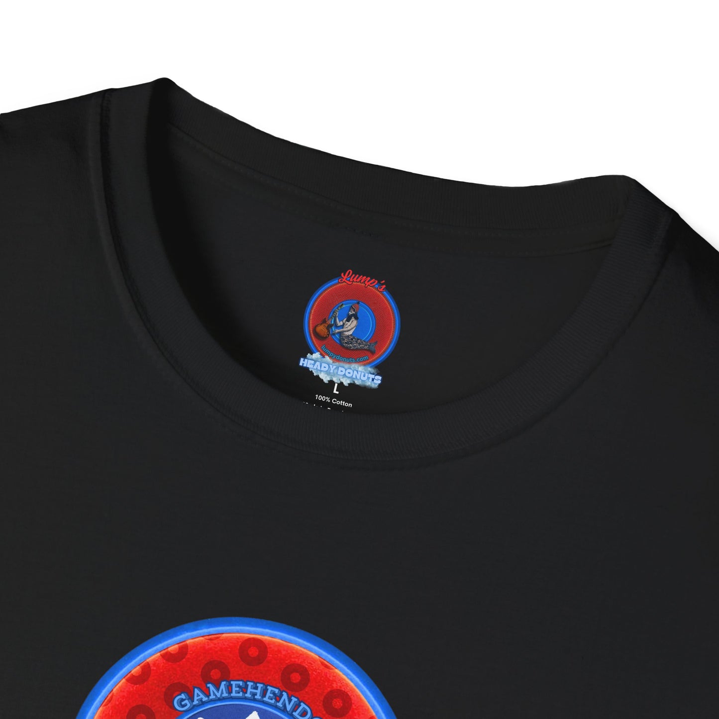 Classic Donut Tee - Unisex Soft-Style - "Phishy Chips" - vivid red/blue widemouthed paradox donut