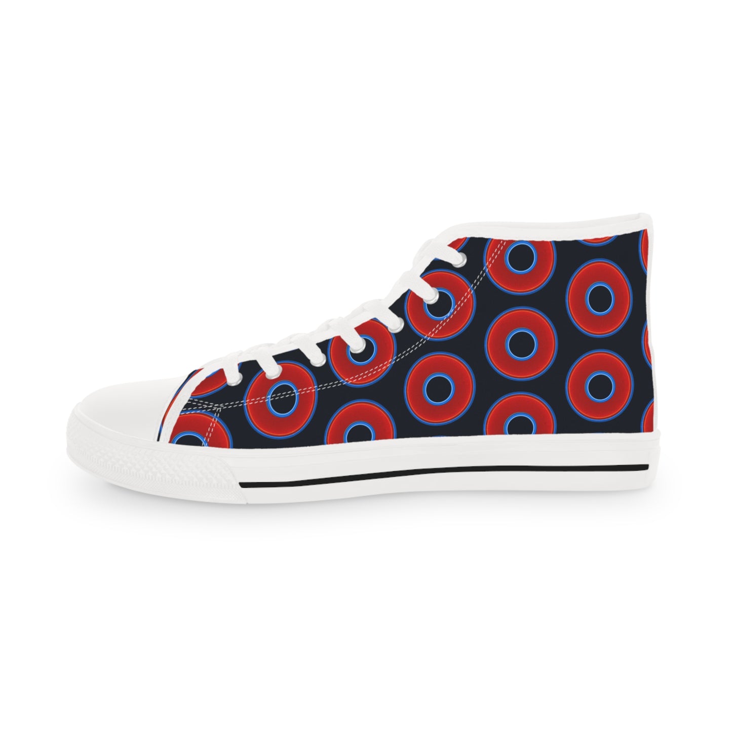 Men's High Top Chucks - large vivid red donut print w/blue charcoal background