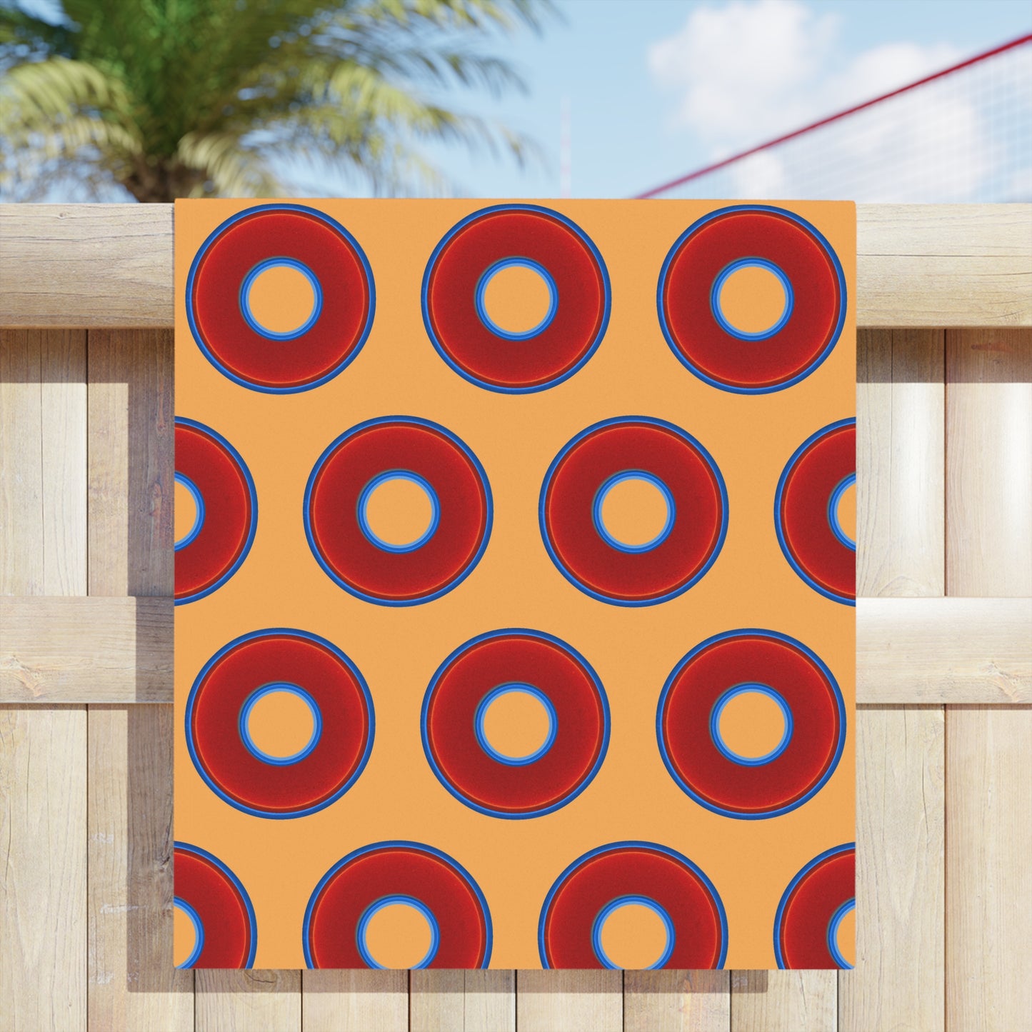 Lumpy Donut Towels - vivid red donuts w/creamsicle orange background
