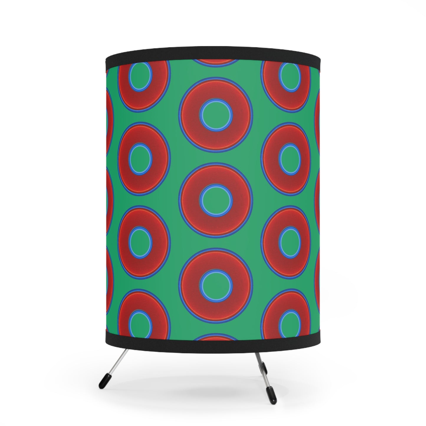 Lumpy Tripod Donut Lamp - vivid red donuts w/jade green background