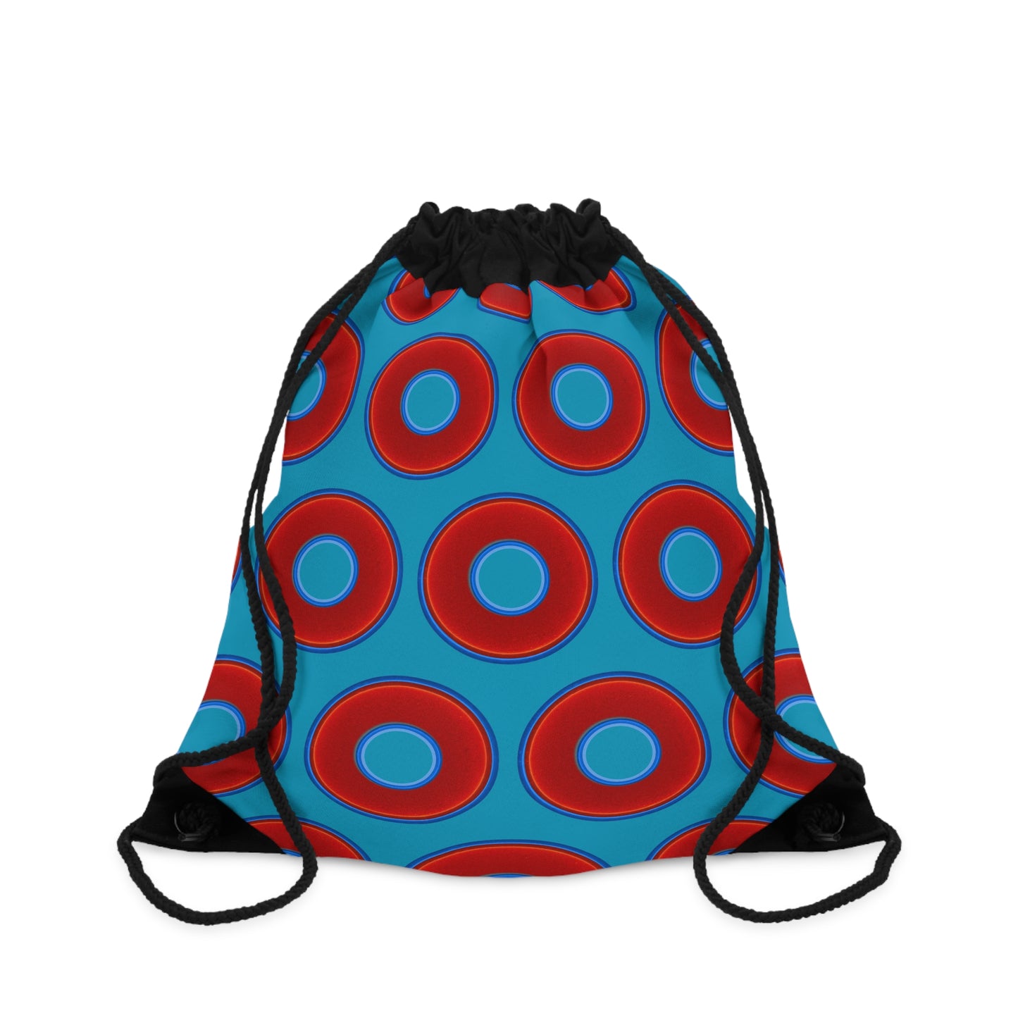 Lumpy Donut Drawstring Bag - red vivid donuts print w/aquamarine blue background