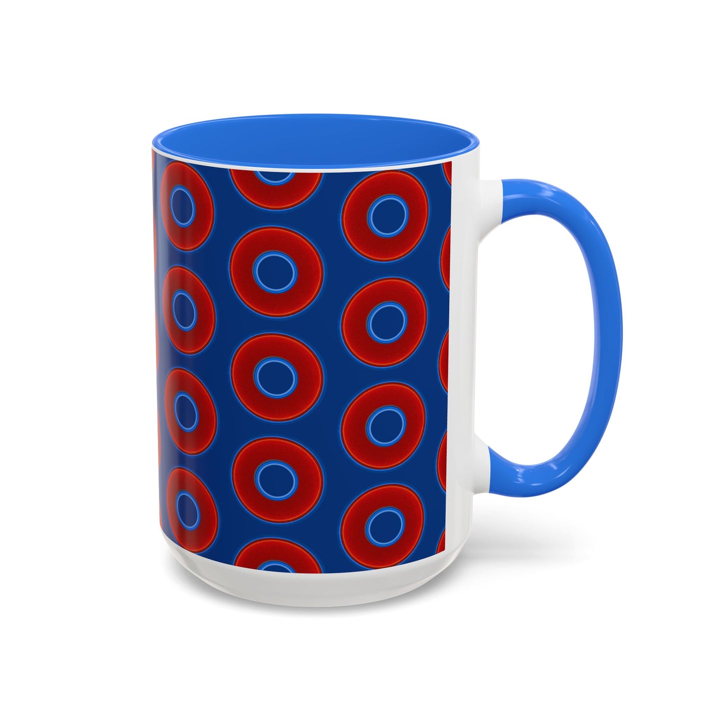 Lump's Grumpy Coffee Mug - vivid red donuts w/dark blue background