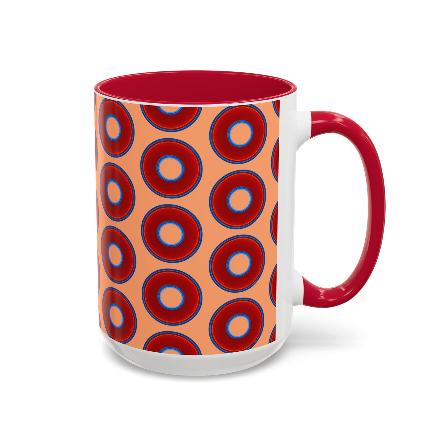 Lump's Grumpy Coffee Mug - vivid red donuts w/peach background