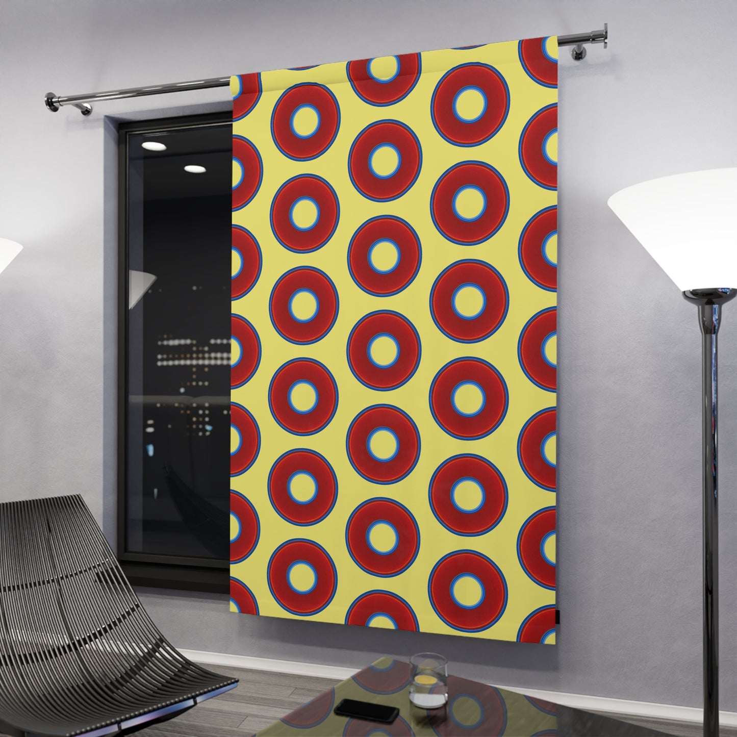 Lump's Heady Curtain w/Donuts - vivid red donut print - w/yellow background - [*1 Piece / 50" x 84"]