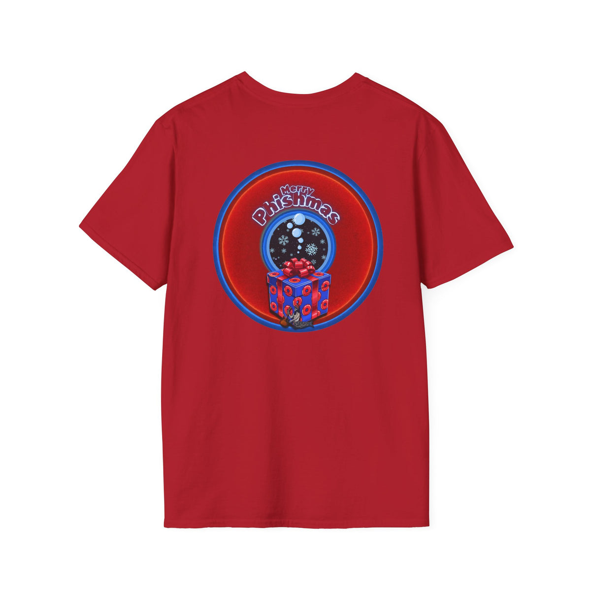 Classic Donut Tee - Unisex Soft-Style - "Phishmas Caroler's Tee " - vivid red/blue donut - variant 4