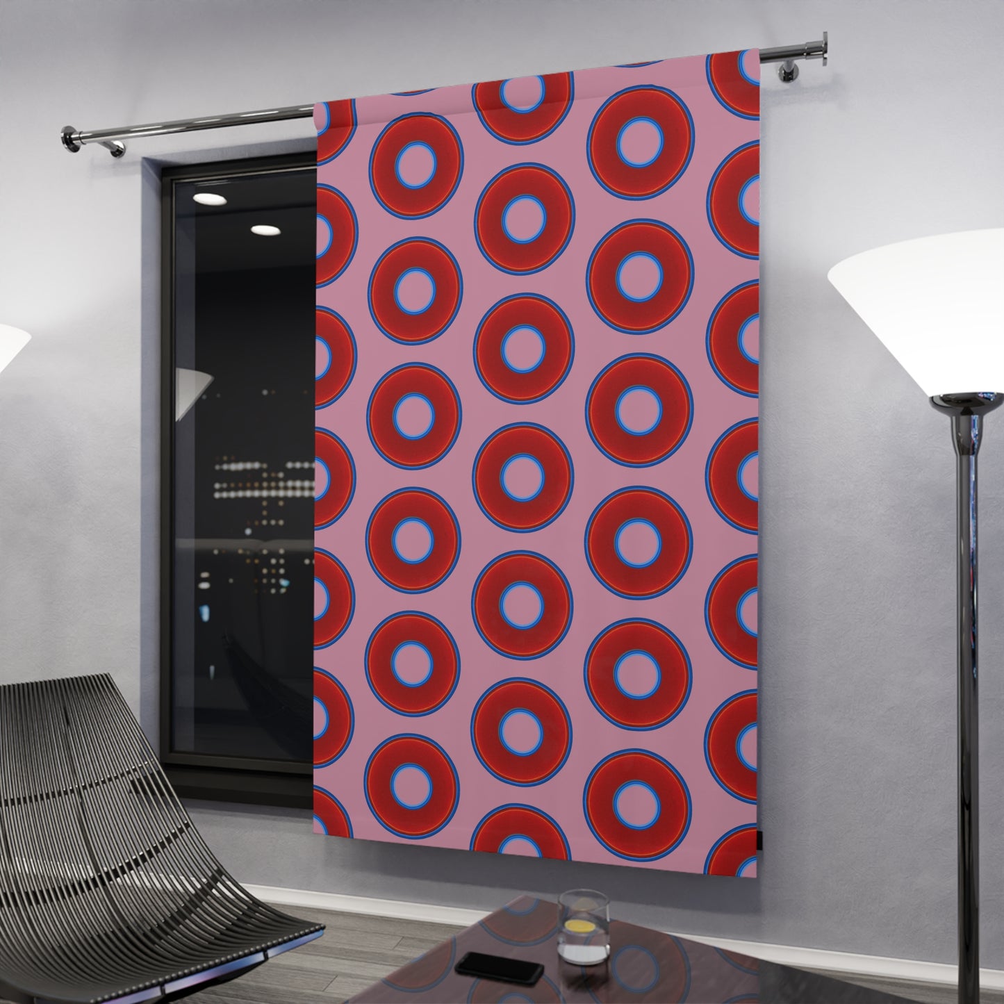 Lump's Heady Curtain w/Donuts - vivid red donut print - w/pale magenta background - [*1 Piece / 50" x 84"]