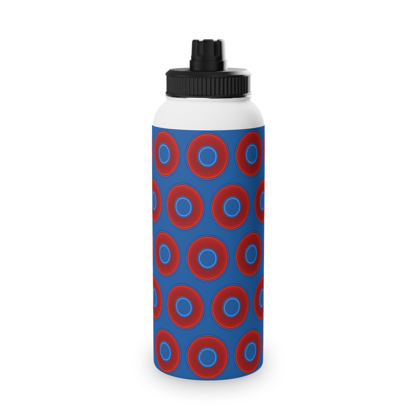 32oz Lumpy Stainless Steel Water Bottle - vivid red donuts w/dark royal blue background