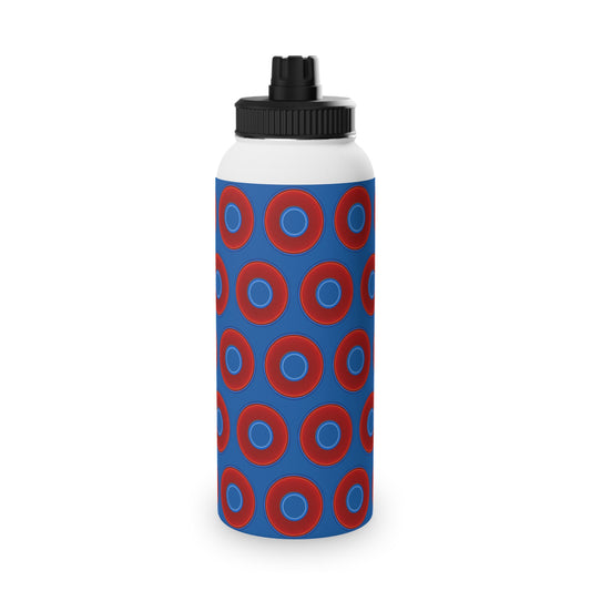 32oz Lumpy Stainless Steel Water Bottle - vivid red donuts w/dark royal blue background