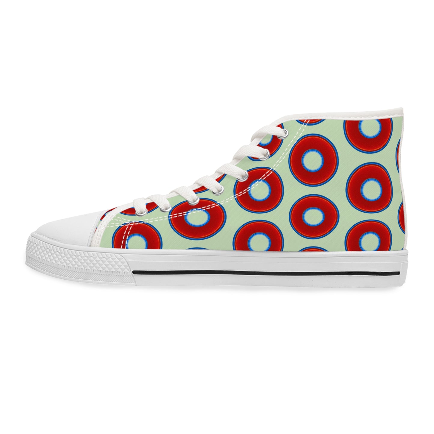 Women's High Top Chuck Taylors - large vivid red donut print w/seafoam background