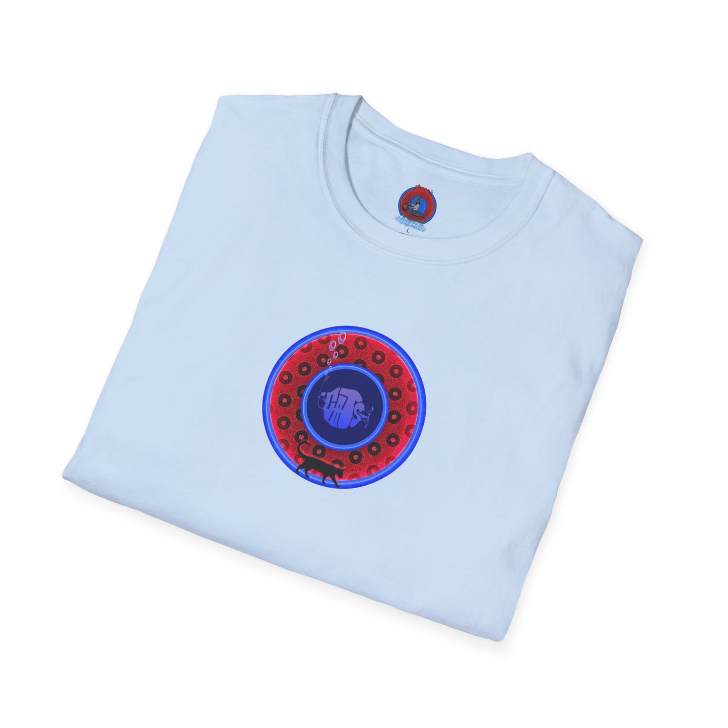 Classic Donut Tee - Unisex Soft-Style - "The Cat's Meow Donut' - red/blue paradox widemouthed donut