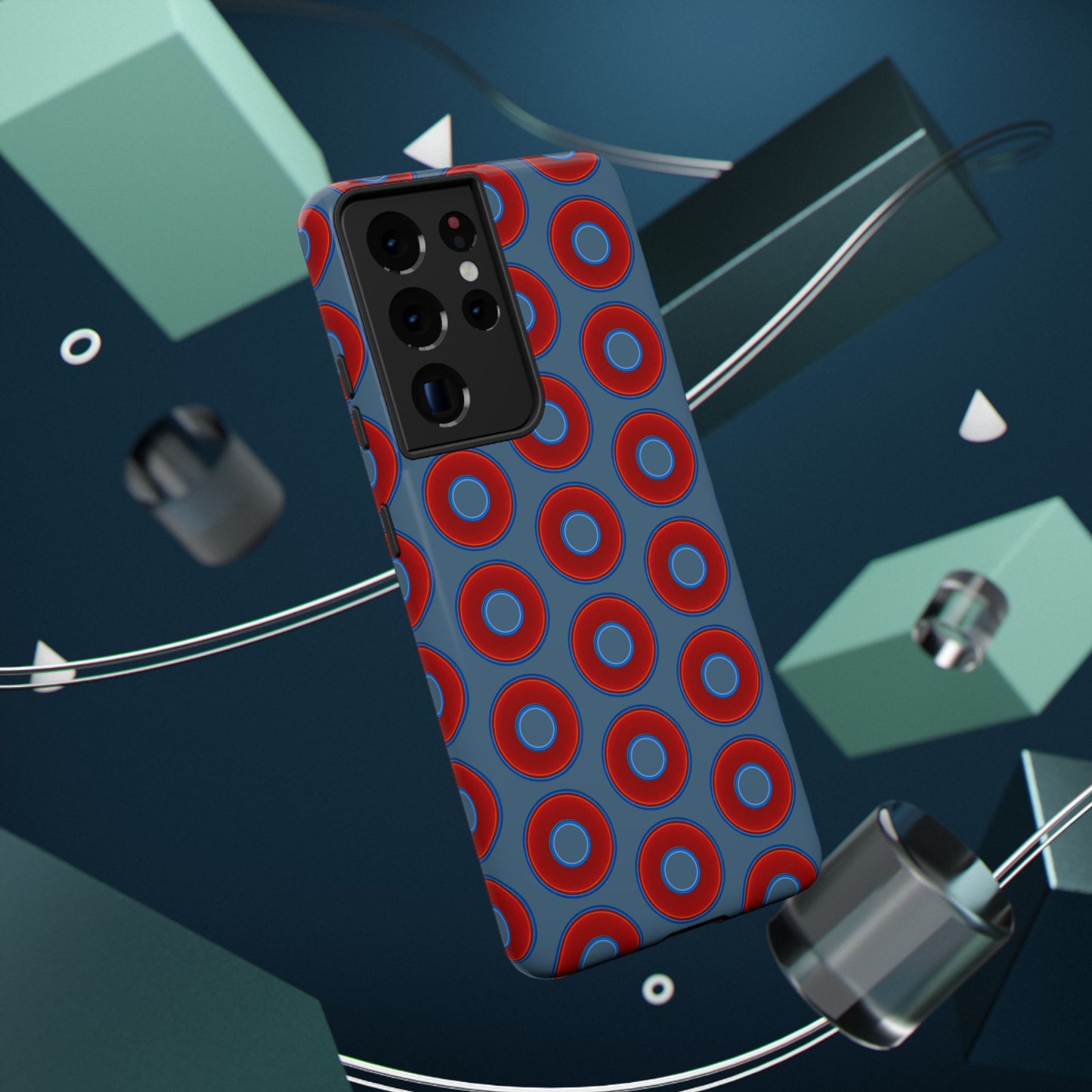 Impact-Resistant Lumpy Donut Case - red vivid donut print w/steel blue background