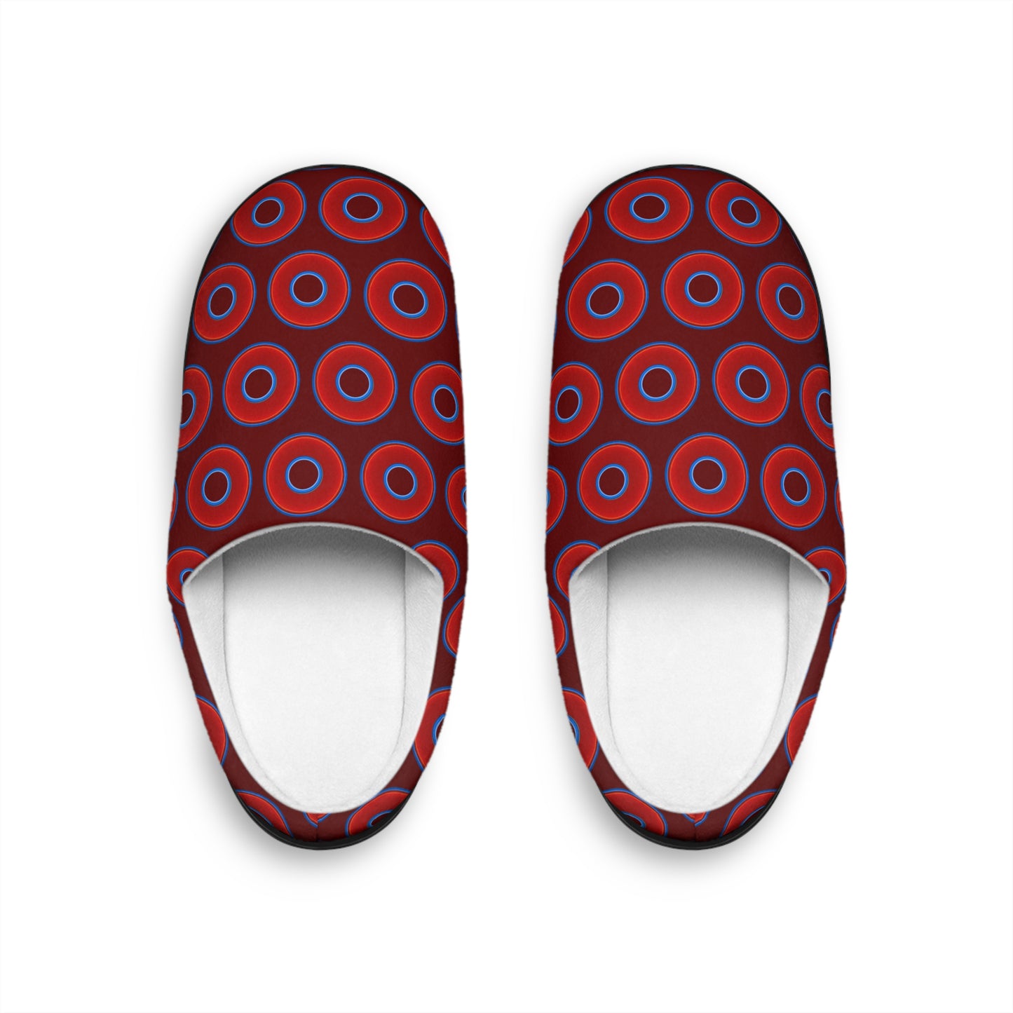Men's Lumpy Slippers - red vivid donut print w/dark red background