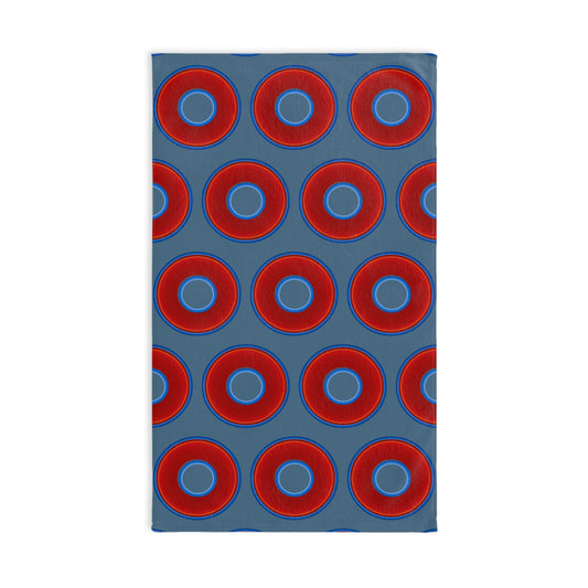 Lumpy Kitchen/Hand Towels - vivid red donuts w/steel blue background