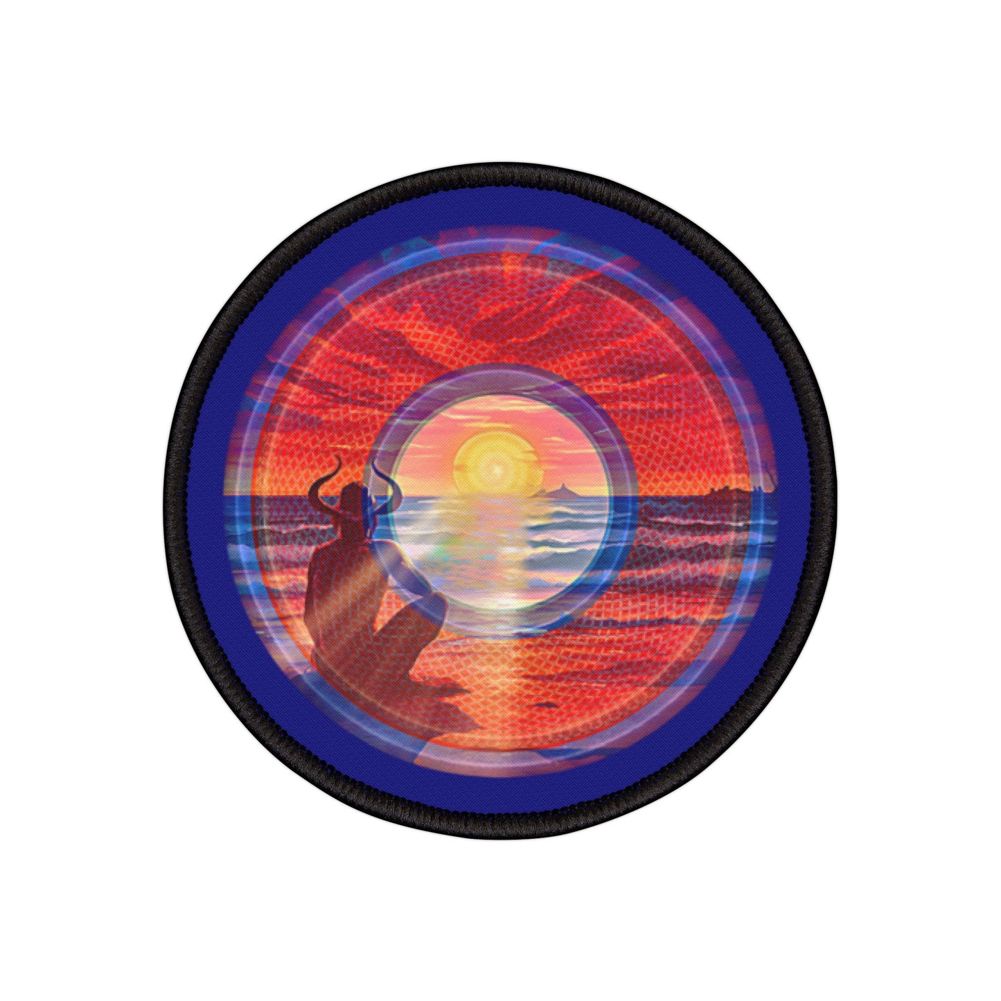 Iron-On Donut Patch - "The Squirming Donut Patch of Sunset" - rustic red/blue vivid pic donut