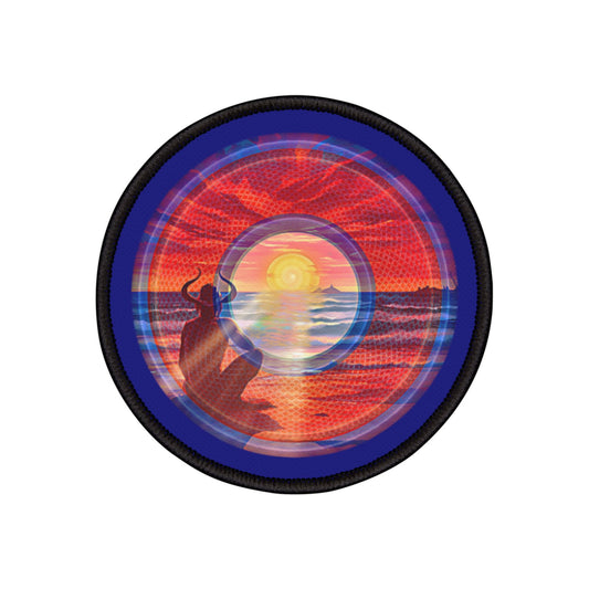 Iron-On Donut Patch - "The Squirming Donut Patch of Sunset" - rustic red/blue vivid pic donut