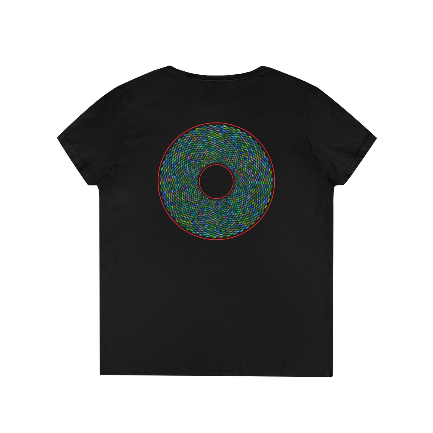 Women's Donut V-Neck Tee - "The Pixilated Donut" - multicolor pixel donut w/wide red outline