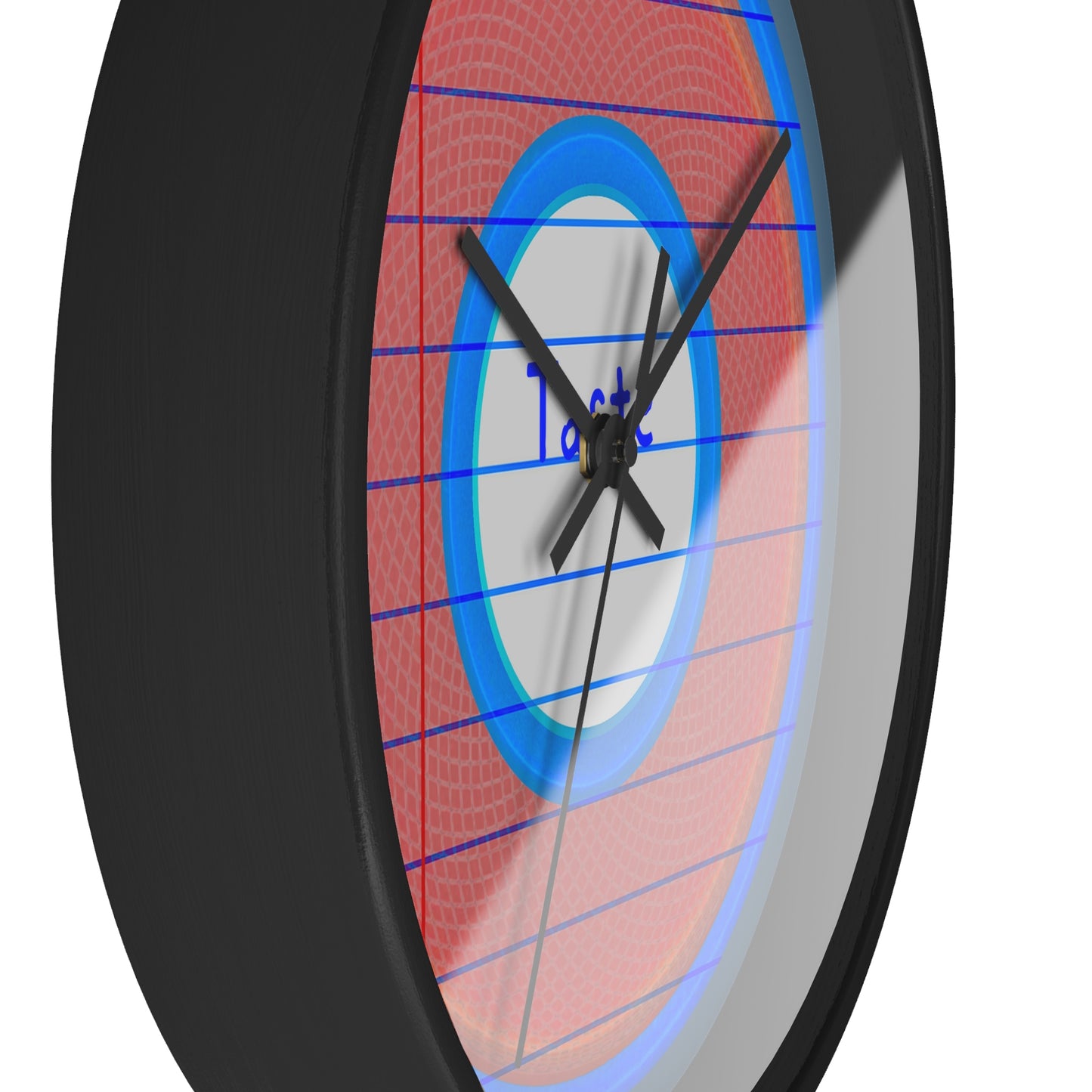 Lumpy Wall Clock - "Tasty Donut Clock" - variant 1 - rustic red donut w/lines/paper & steel blue background