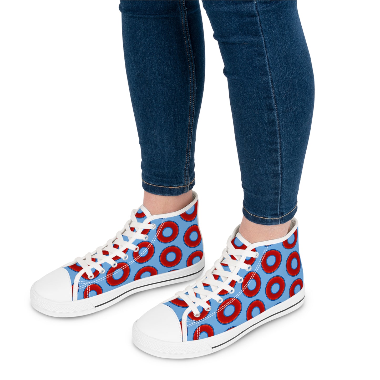 Women's High Top Chuck Taylors - large vivid red donut print w/light blue background