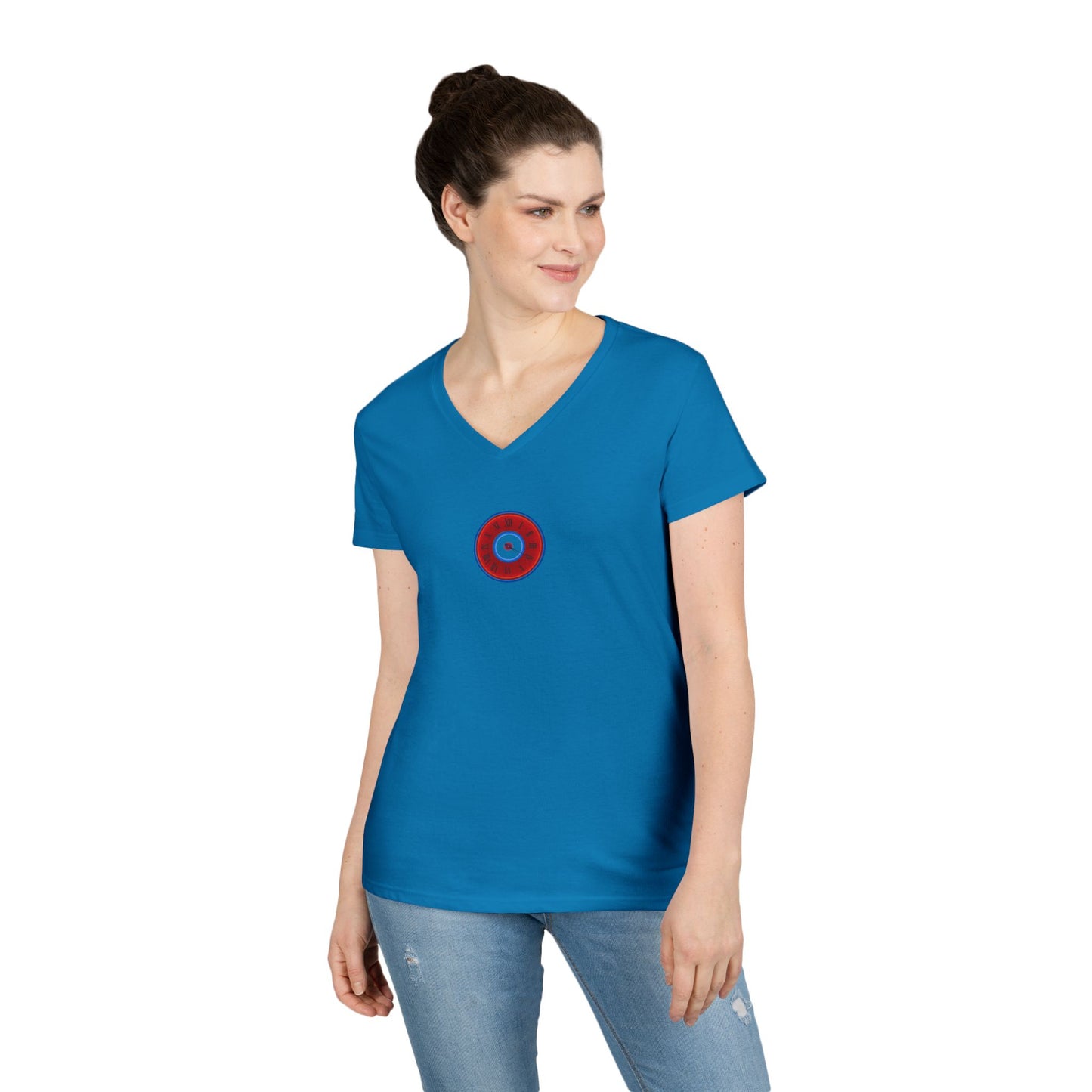 Women's Donut V-Neck Tee - "Time Treasurer's Donut Tee" - vivid red donut w/clock face