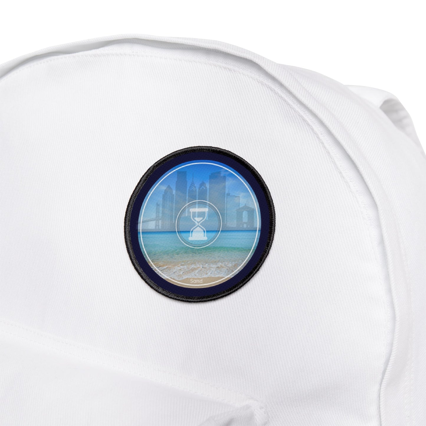 Iron-On Donut Patch - "Philly Special - Still Loading Sand" - vivid blue pic donut - variant 2