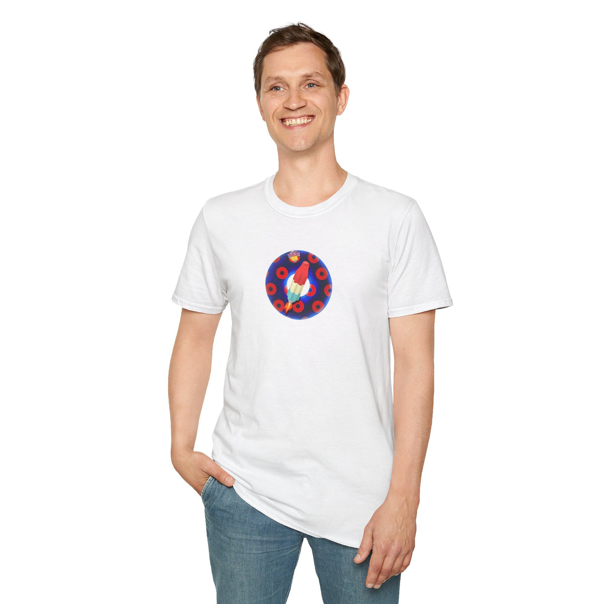 Classic Donut Tee - Unisex Soft-Style - "Blow this Popsicle Stand" - blue/red paradox bomb pop donut - variant 3