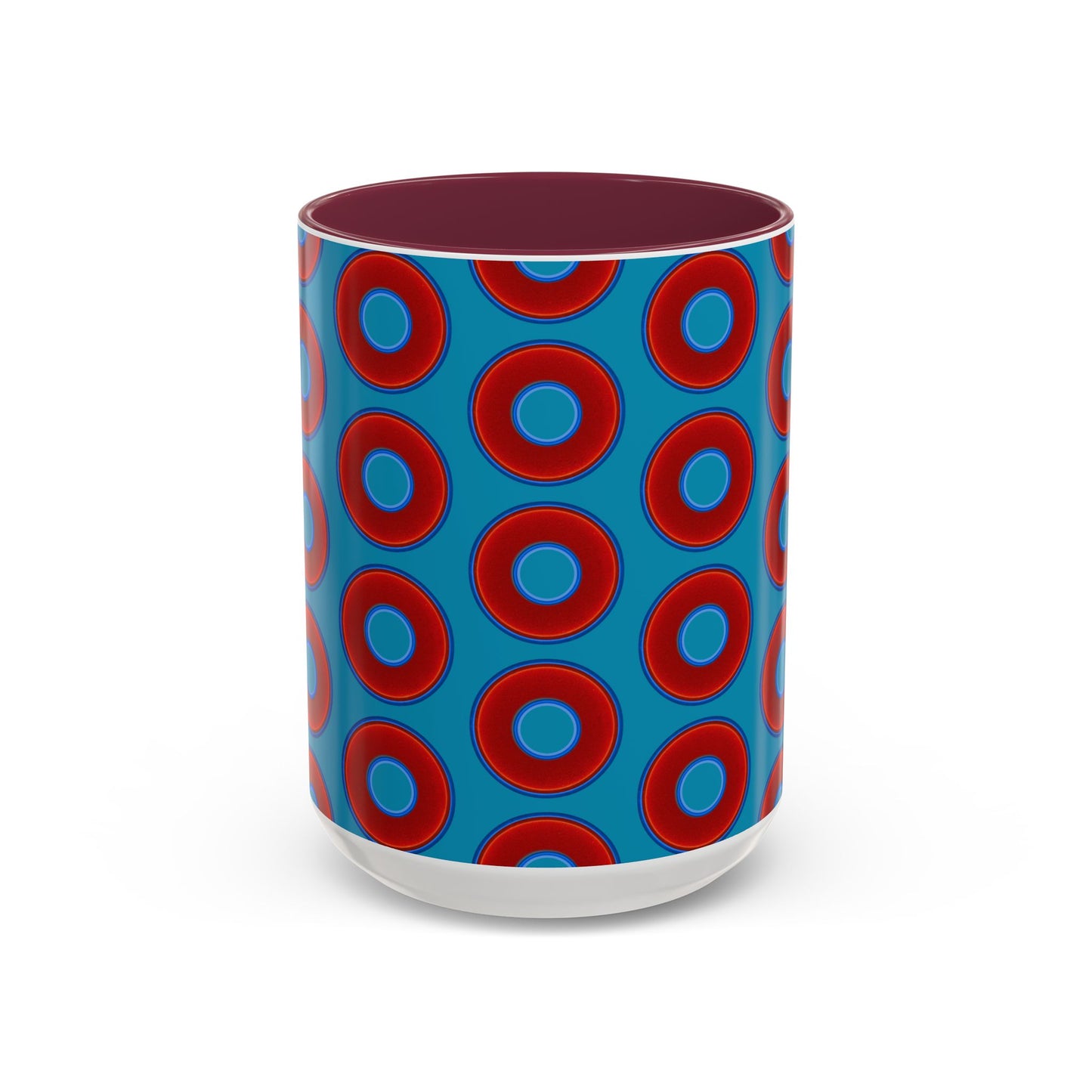 Lump's Grumpy Coffee Mug - vivid red donuts w/aquamarine blue background
