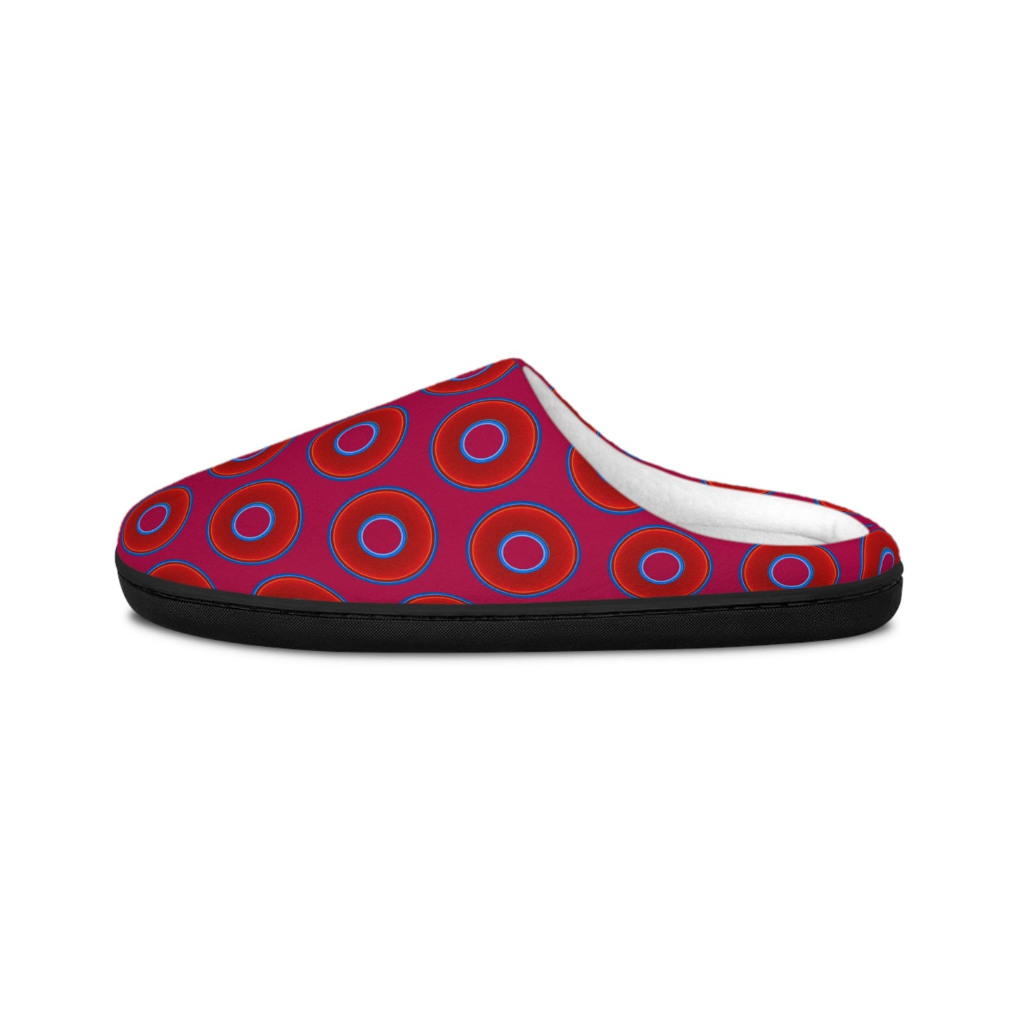 Women's Lumpy Slippers - red vivid donut print w/dark magenta background