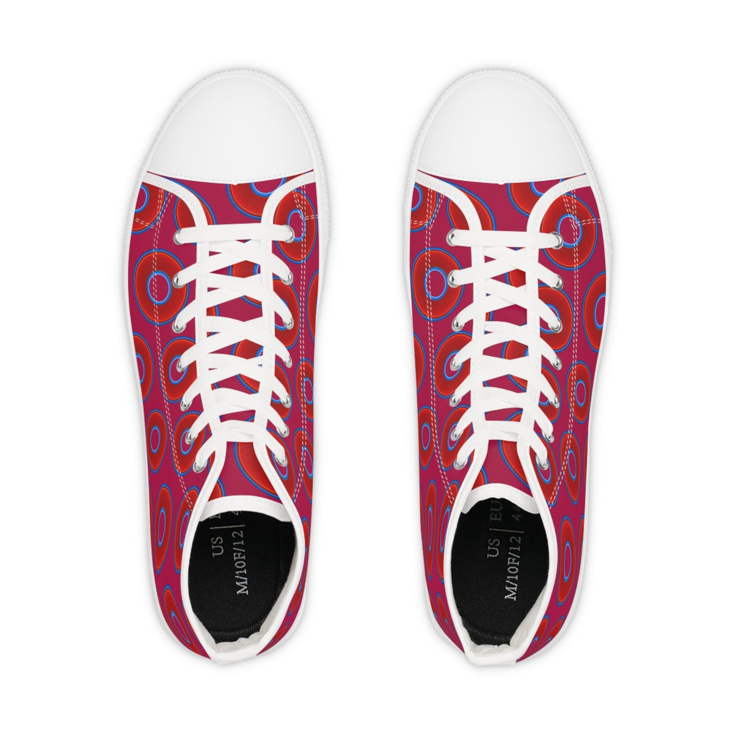 Men's High Top Chucks - large vivid red donut print w/dark magenta background