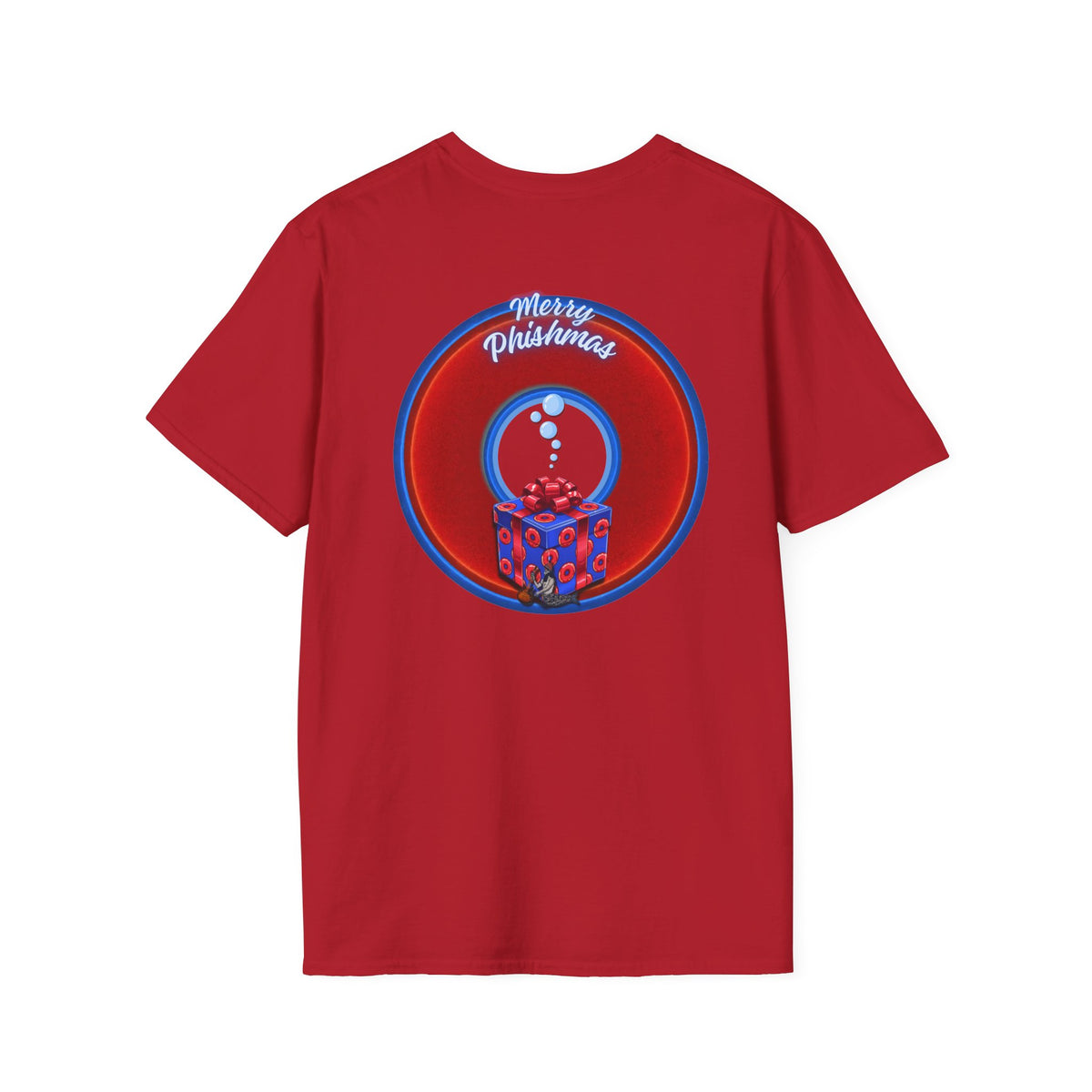Classic Donut Tee - Unisex Soft-Style - "Phishmas Caroler's Tee " - vivid red/blue donut - variant 2