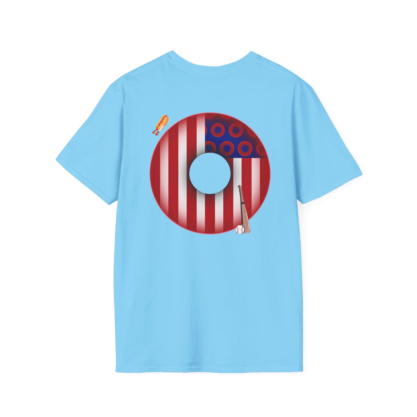 Classic Donut Tee - Unisex Soft-Style - "Uncle Sam's Donuts & Stripes" - vivid flag donut w/raw dogger