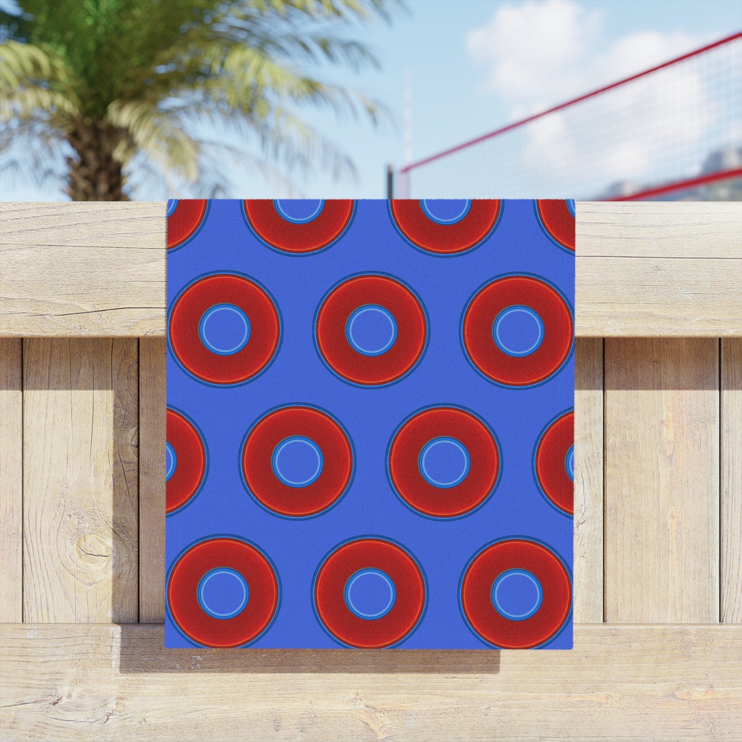 Lumpy Donut Towels - vivid red donuts w/royal blue background