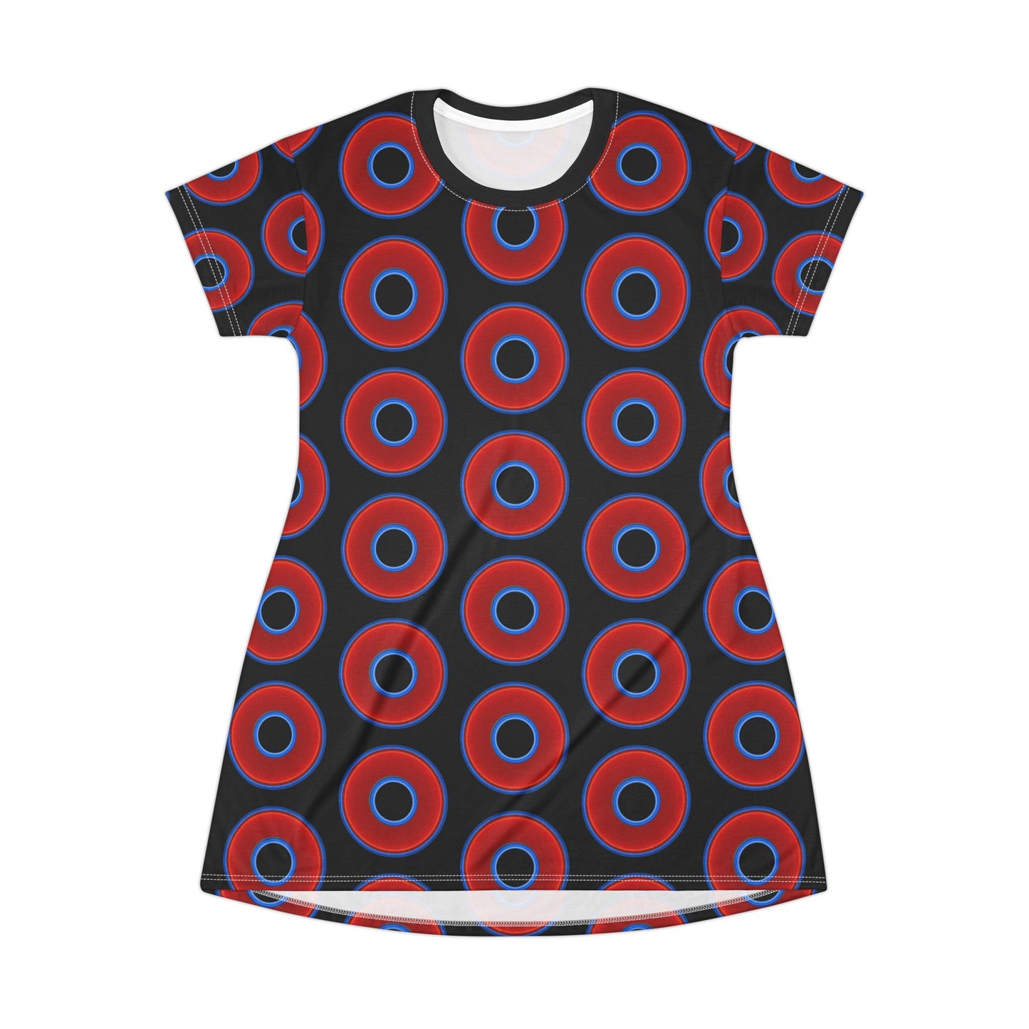 Not a Muumuu AOP Tee Shirt Dress - red vivid donuts w/black background