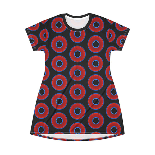 Not a Muumuu AOP Tee Shirt Dress - red vivid donuts w/black background