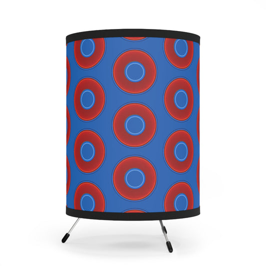 Lumpy Tripod Donut Lamp - vivid red donuts w/dark royal blue background