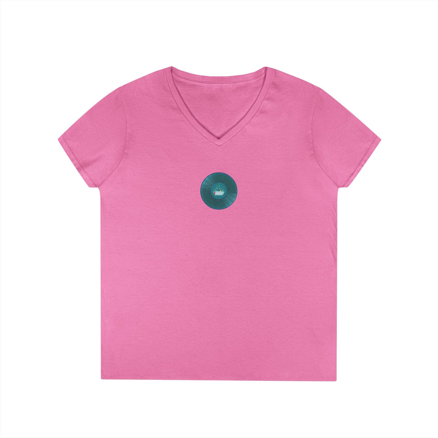 Women's Donut V-Neck Tee - "Bathtub Fun Donut" - vivid aquamarine donuts w/tub