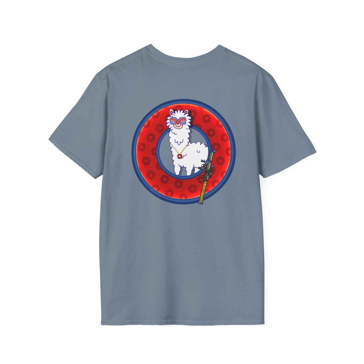 Classic Donut Tee - Unisex Soft-Style - "Medium Paced Llama Donut" - red/blue widemouthed paradox donut