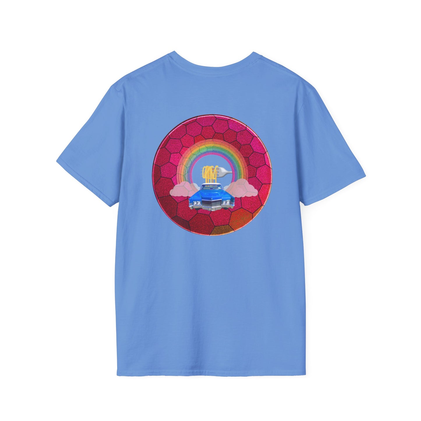 Classic Donut Tee - Unisex Soft-Style - "Cadillac Rainbows Donut Tee " - variant 2 - magenta hexadonut w/blue caddy