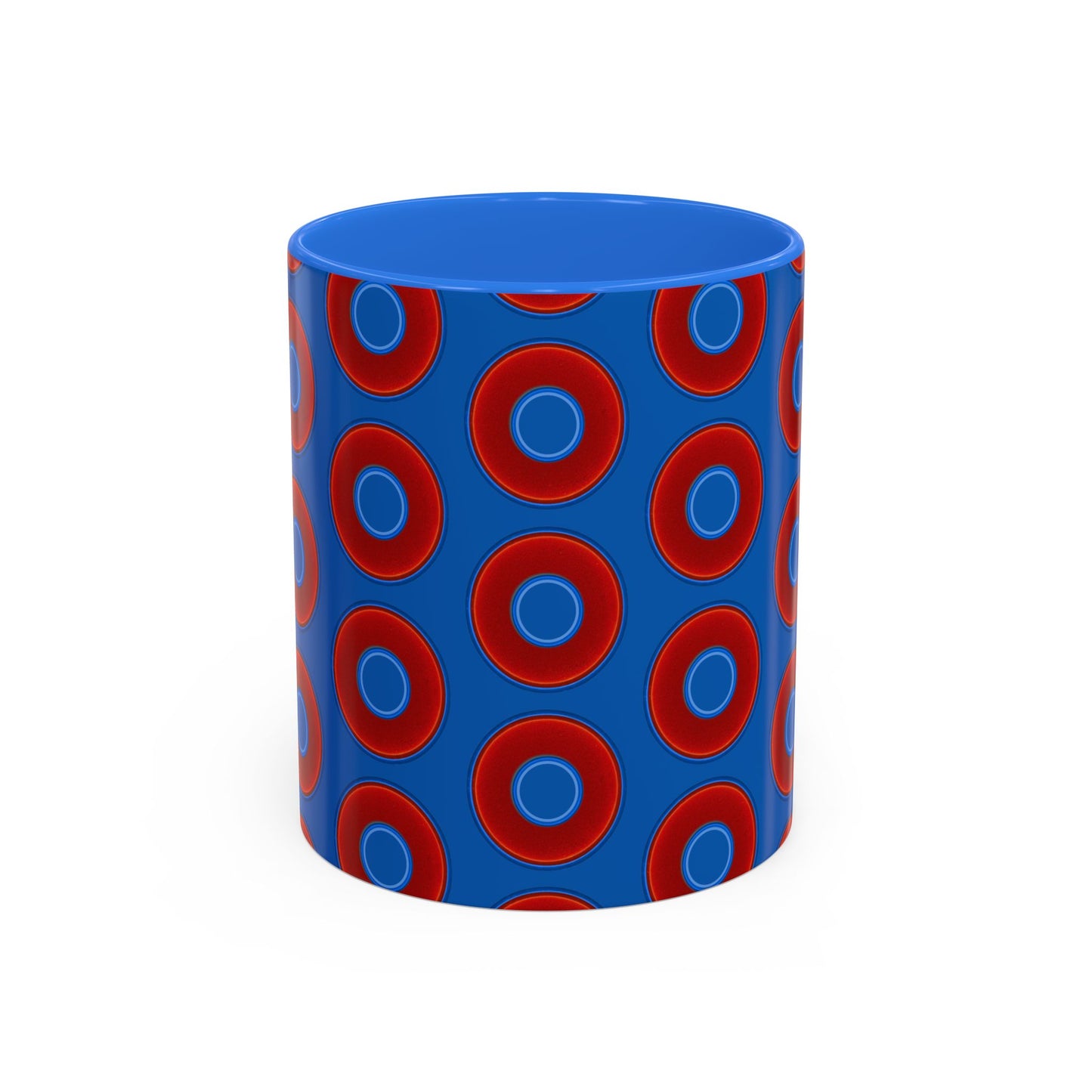 Lump's Grumpy Coffee Mug - vivid red donuts w/dark royal blue background
