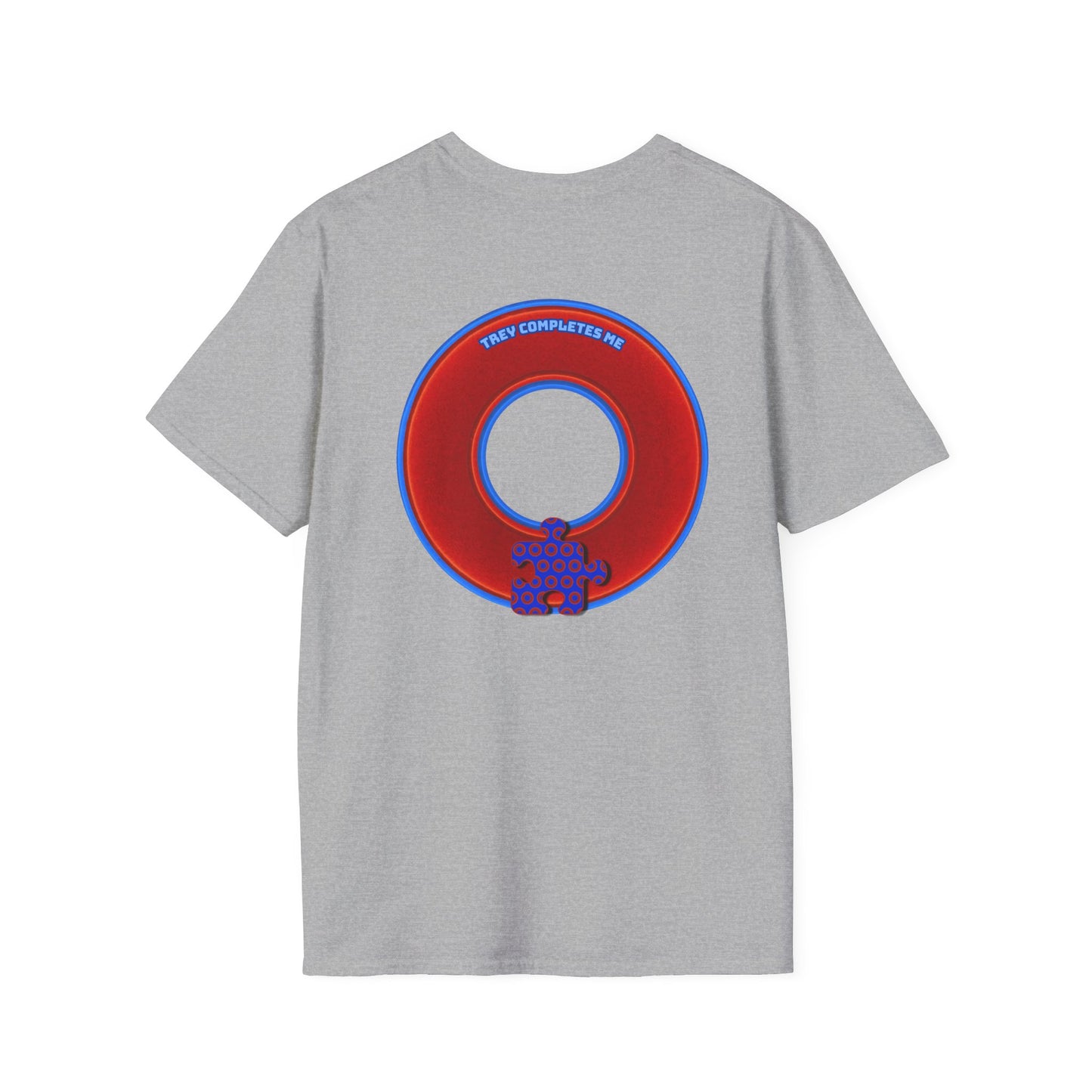 Classic Donut Tee - Unisex Soft-Style - "Trey's Completed Donut" - vivid red/blue donut