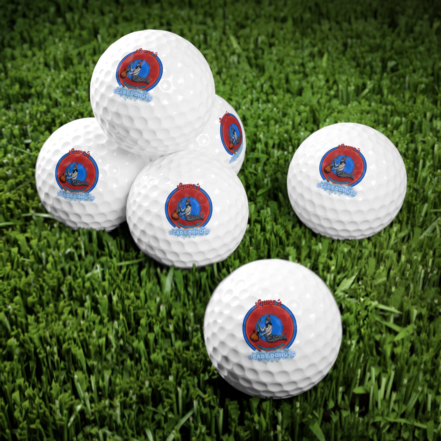 Lumpy Donut Golf Balls - 6-pack - "Lump's Super Heady Golf Ball" - red/blue rustic donut w/logo